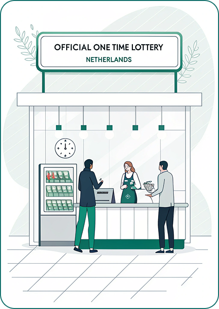 Illustratie van een loterijwinkel met klanten en kassier — Official One Time Lottery Netherlands